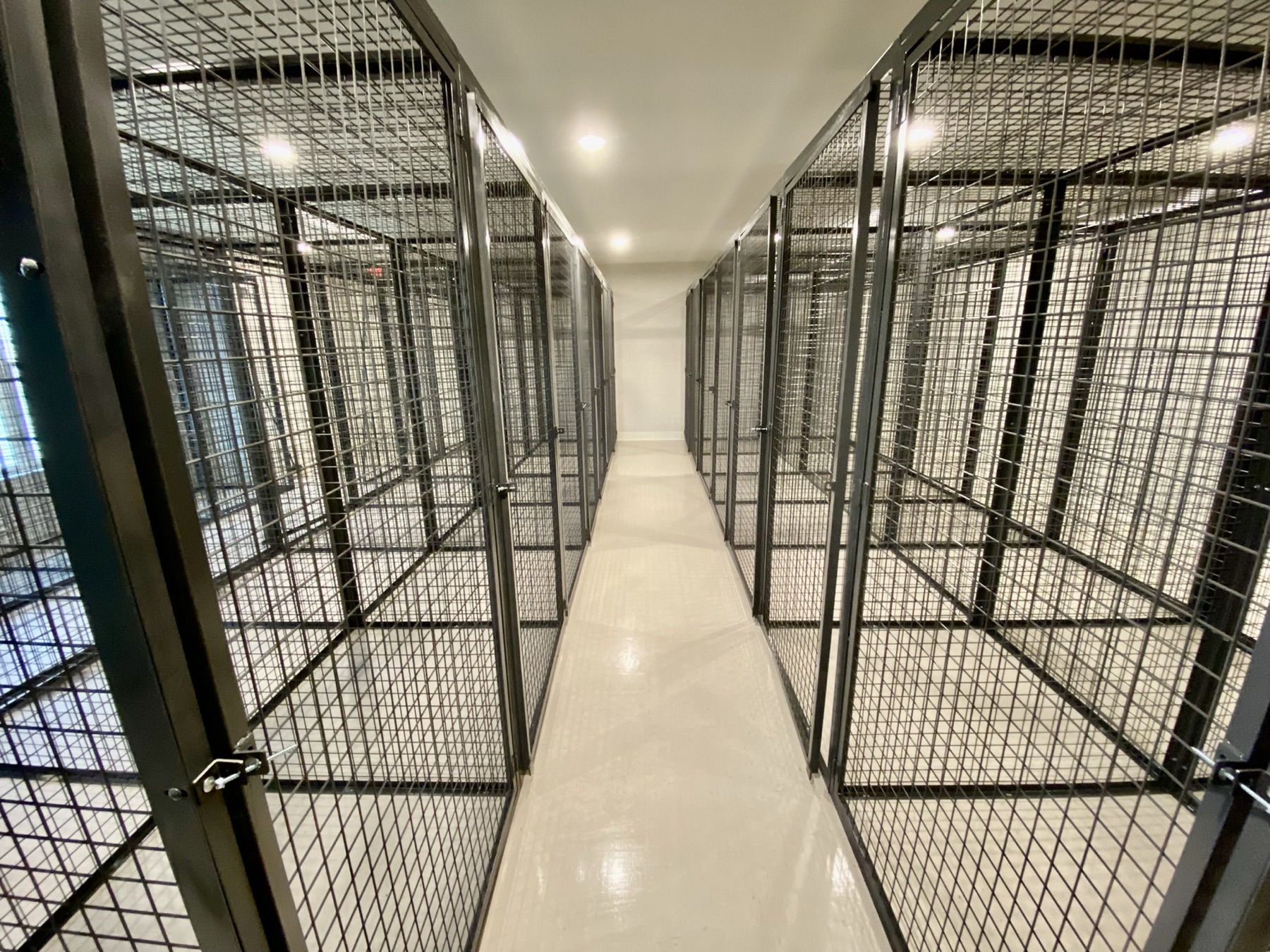 Wire mesh tenant storage lockers along a finished storage-room aisle